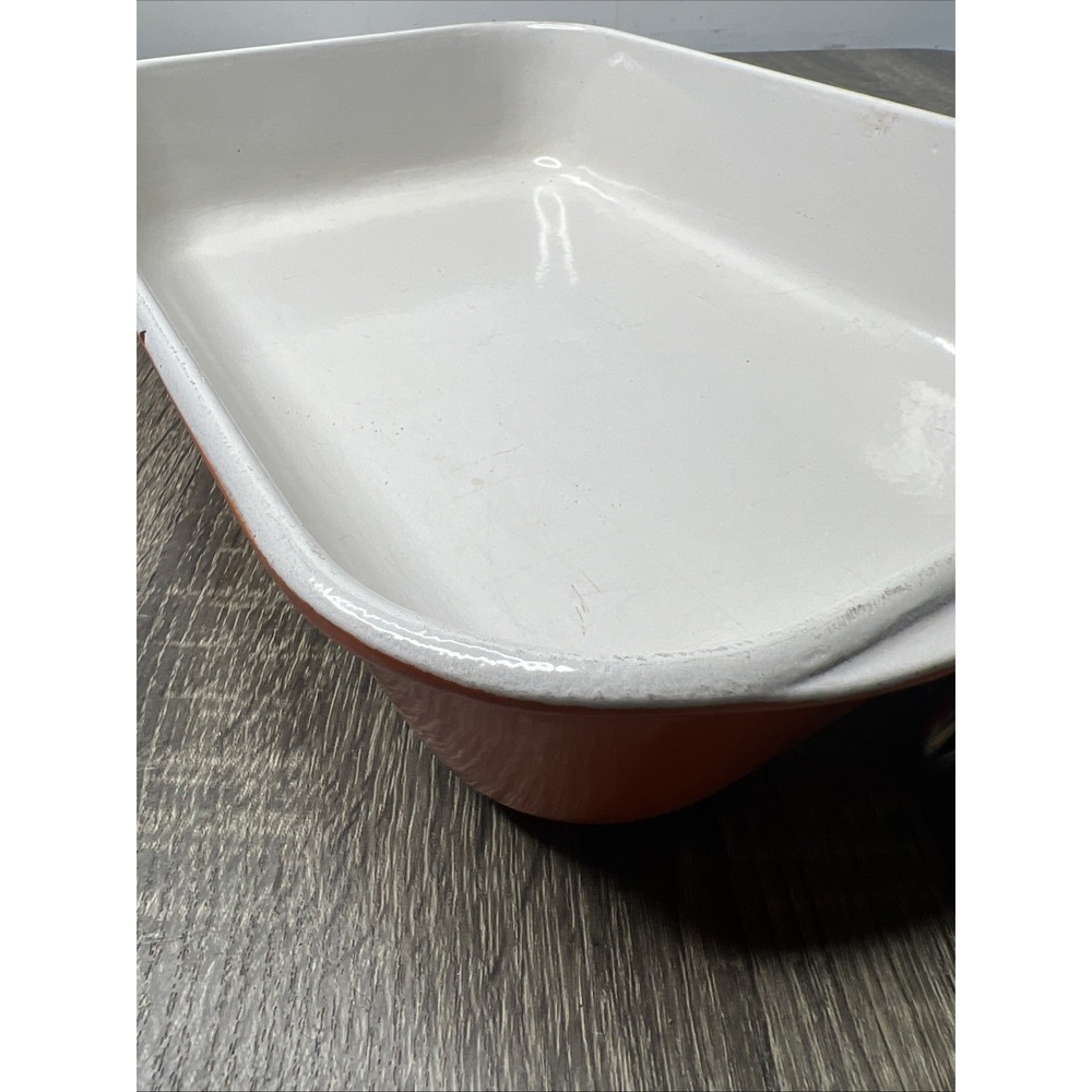VTG Le Creuset France Orange Casserole Lasagna Pan Enameled Bail Handles Large - Picture 15 of 16